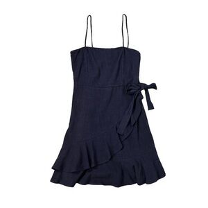 The Impeccable Pig Navy Blue Ruffle Linen blend front mini dress Medium #BD90220